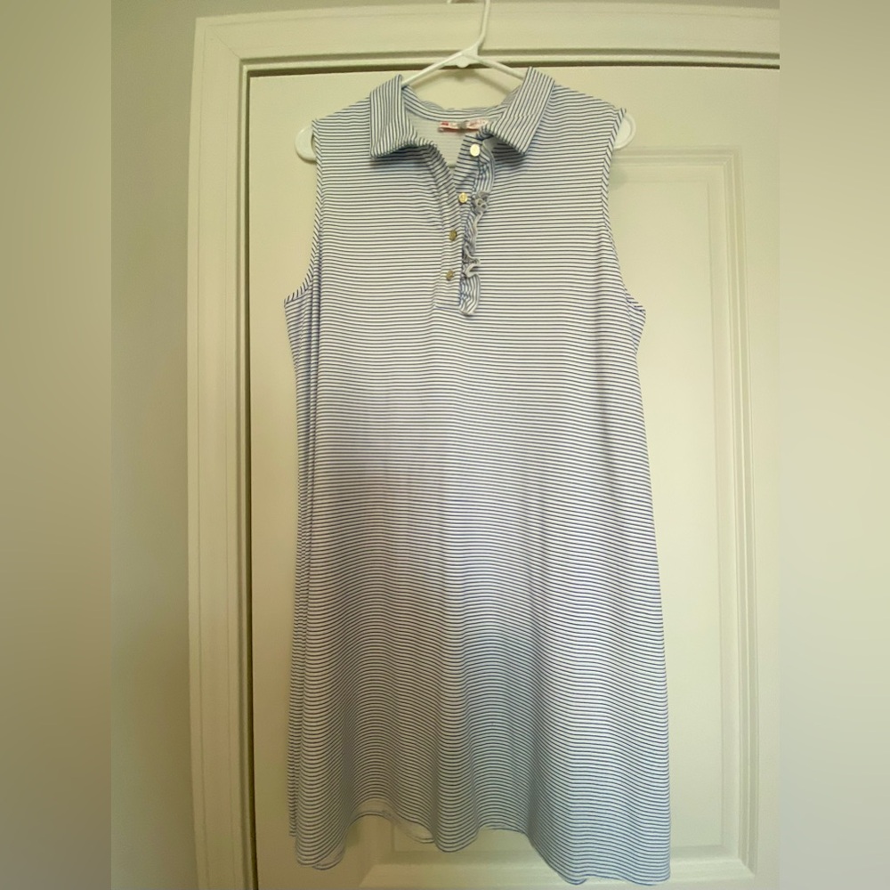 Jude Connally Blue & White Stripe Sleeveless Polo Dress | XL